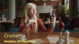  Presentation with chat - PPT theme with young-albino-woman-in-casualwear background and a tawny brown colored foreground