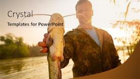  Presentation with boat river - Slide deck enhanced with young amateur angler holds the wels catfish silurus glanis being in the boat on the river at sunrise background and a lemonade colored foreground
