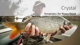  Presentation with fish river - Beautiful slide deck featuring young amateur angler holds the big carp fish cyprinus carpio being in the boat on the river backdrop and a light gray colored foreground
