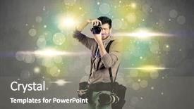  Presentation with glowing lights - Presentation theme enhanced with young amateur photographer with professional camera equipment taking picture in front of grey wall full of colorful bokeh and glowing lights concept background and a gray colored foreground