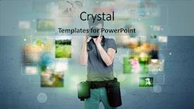  Presentation with blue professional - Slides having young amateur photographer with professional camera equipment taking picture in front of blue wall full of faded pictures and glowing lights concept background and a light blue colored foreground