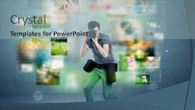  Presentation with blue professional - Colorful slide set enhanced with young amateur photographer with professional camera equipment taking picture in front of blue wall full of faded pictures and glowing lights concept backdrop and a light blue colored foreground