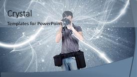  Presentation with blue professional - Slide deck enhanced with young amateur photographer with professional photographic equipment taking picture in front of blue wall with dynamic white lines illustration concept background and a light blue colored foreground