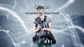  Presentation with blue professional - Colorful theme enhanced with young amateur photographer with professional photographic equipment taking picture in front of blue wall with dynamic white lines illustration concept backdrop and a light blue colored foreground