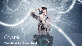  Presentation with blue professional - PPT theme consisting of young amateur photographer with professional photographic equipment taking picture in front of blue wall with dynamic white lines illustration concept background and a seafoam green colored foreground