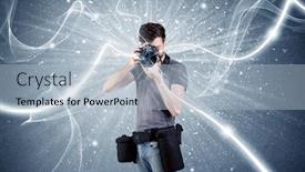  Presentation with blue professional - Slide set with young amateur photographer with professional photographic equipment taking picture in front of blue wall with dynamic white lines illustration concept background and a light blue colored foreground