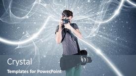  Presentation with blue professional - Beautiful slide deck featuring young amateur photographer with professional photographic equipment taking picture in front of blue wall with dynamic white lines illustration concept backdrop and a seafoam green colored foreground