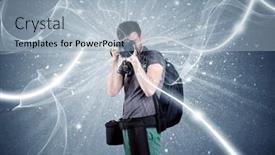  Presentation with blue professional - Cool new presentation theme with young amateur photographer with professional photographic equipment taking picture in front of blue wall with dynamic white lines illustration concept backdrop and a light blue colored foreground