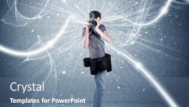  Presentation with blue professional - Colorful PPT theme enhanced with young amateur photographer with professional photographic equipment taking picture in front of blue wall with dynamic white lines illustration concept backdrop and a seafoam green colored foreground