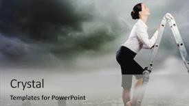  Presentation with corporate ladder - Beautiful PPT theme featuring young ambitious businesswoman climbing ladder backdrop and a light gray colored foreground