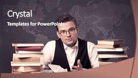  Presentation with front desk - Presentation theme enhanced with young ambitious geography teacher background and a dark gray colored foreground