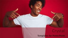 Presentation with proud american - Amazing slide set having young american man with afro hair wearing white t-shirt standing over isolated red background looking confident with smile on face pointing oneself with fingers proud and happy backdrop and a crimson colored foreground