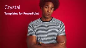  Presentation with navy - Colorful presentation enhanced with young american man with afro hair wearing navy striped t-shirt over isolated red background skeptic and nervous disapproving expression on face with crossed arms negative person backdrop and a crimson colored foreground