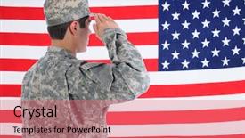  Presentation with american flag - Colorful PPT theme enhanced with young american soldier in fatigue backdrop and a coral colored foreground