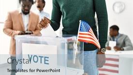  Presentation with box - Presentation theme consisting of young-american-voter-man-smiling background and a light blue colored foreground