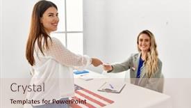  Presentation with vote - PPT theme enhanced with young-american-voter-woman-giving background and a lemonade colored foreground