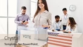  Presentation with vote - PPT layouts with young-american-voter-woman-smiling background and a  colored foreground