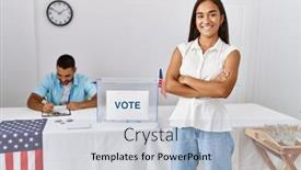  Presentation with young business woman smile show - Presentation theme having young-american-voter-woman-smiling background and a light blue colored foreground