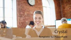  Presentation with data analyst - Presentation theme with young analyst with toothy smile background and a coral colored foreground