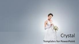  Presentation with fantasy - Beautiful slides featuring young and beautiful bride in a long fantasy dress standing with a flower bouquet over the grey background backdrop and a light gray colored foreground