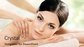  Presentation with massage therapy - Slide set enhanced with young and beautiful girl relaxing in spa salon massage therapy over seasonal summer or spring background healing medicine and health care concept background and a coral colored foreground