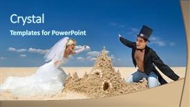  Presentation with married - Presentation with young and beautiful newly-married couple enjoying on the beach near sandy castle at the sea edge background and a ocean colored foreground