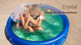  Presentation with married couple - Audience pleasing slide deck consisting of young and beautiful newly-married couple enjoying on the beach in swimming pool backdrop and a coral colored foreground