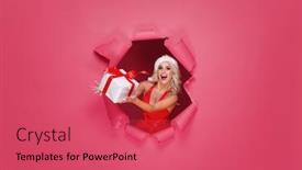  Presentation with beautiful young girl red - Amazing slide deck having young and beautiful santa girl in a christmas concept red background with a hole in paper backdrop and a red colored foreground