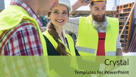  Presentation with under construction - Colorful PPT theme enhanced with young and confident female architect backdrop and a yellow colored foreground