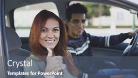  Presentation with vehicle - Audience pleasing PPT theme consisting of young and happy couple inside a land vehicle backdrop and a gray colored foreground