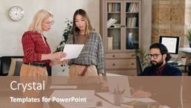  Presentation with females - Audience pleasing PPT theme consisting of young-and-mature-females-standing backdrop and a coral colored foreground