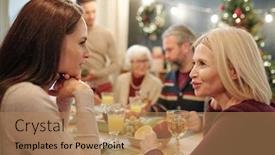  Presentation with christmas dinner - Audience pleasing PPT theme consisting of young-and-mature-women-discussing backdrop and a coral colored foreground