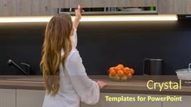  Presentation with kitchen cabinet - Slide deck with young-and-pretty-woman-opens background and a violet colored foreground