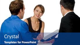  Presentation with discussion - Presentation theme enhanced with young and professional businesswoman having a discussion with two of her colleagues on white background background and a ocean colored foreground