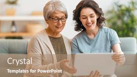  Presentation with helping women - Colorful PPT layouts enhanced with young-and-senior-women backdrop and a coral colored foreground