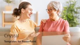  Presentation with helping women - Cool new PPT layouts with young-and-senior-women backdrop and a coral colored foreground