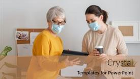  Presentation with helping women - Presentation theme featuring young-and-senior-women background and a coral colored foreground