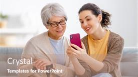  Presentation with helping women - Audience pleasing PPT theme consisting of young-and-senior-women backdrop and a coral colored foreground