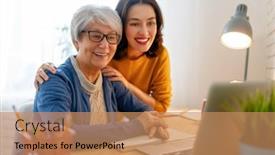  Presentation with helping women - Colorful theme enhanced with young-and-senior-women backdrop and a coral colored foreground