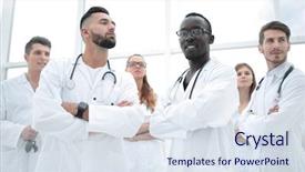  Presentation with smart - PPT theme enhanced with young and smart medical workers background and a sky blue colored foreground