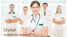  Presentation with global team workers - Colorful presentation theme enhanced with young and smart medical workers backdrop and a  colored foreground