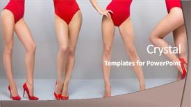  Presentation with red grey - Presentation theme consisting of beautiful legs of young and sporty woman in red swimsuit over grey background background and a coral colored foreground