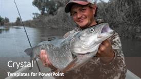  Presentation with fish river - Colorful presentation theme enhanced with young angler holds the trophy asp fish leuciscus aspius being in the boat on the river backdrop and a tawny brown colored foreground