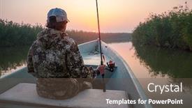 Presentation with fishing boat - Beautiful slide set featuring young angler sits in the moving boat with fishing rod and enjoys sunset over the wall of reed backdrop and a tawny brown colored foreground