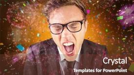  Presentation with angry - Slide deck with young angry businessman shouting at camera against colourful fireworks exploding on black background background and a tawny brown colored foreground