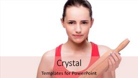  Presentation with angry - PPT theme featuring young angry woman with rolling pin isolated on white background and a coral colored foreground