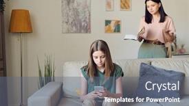  Presentation with teenage girl - Presentation design featuring young-annoyed-brunette-mother background and a gray colored foreground