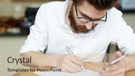  Presentation with contract conferences - Amazing slide deck having young applicant reading contract given backdrop and a  colored foreground