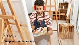  Presentation with arab music - Slides having young-arab-artist-man-listening background and a coral colored foreground