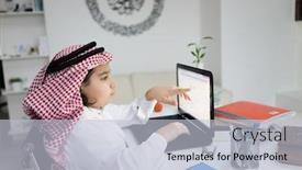  Presentation with young man holdng laptop on lap money - Theme with young arab boy working on laptop on desk background and a lemonade colored foreground